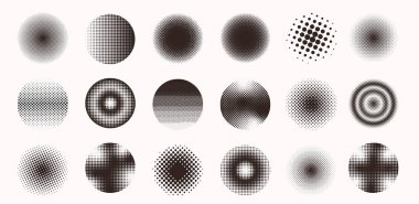 Dairesel noktalı çerçeveli yarım ton. Geometrik nokta gradyanlı yuvarlak siyah yarım ton dokular. Çerçeveler, arkaplanlar, posterler, logolar, modern grafik tasarımı için vektör soyut noktalı çemberler.