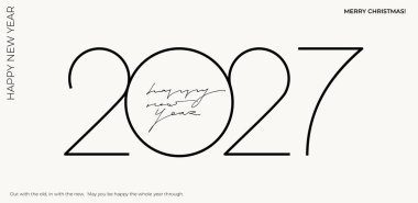 2027 Mutlu Yıllar arka plan tasarımı, neşeli elementler ve modern tarzla. Kutlama kartları, afişler, afişler, afişler, el ilanları, web başlıkları, sosyal medya ve tatil markaları için 2027 Vektör siyah logosu.