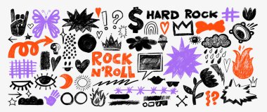Punk ve kız titreşimli büyük bir kömür duvar yazısı seti. El çizimi soyut karalamalar, karalamalar, yıldızlar, taçlar ve kıvrımlı çizgiler. Kayadaki yaratıcı taslak şekiller sanatsal vektör tarzından esinlenmiştir.