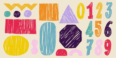 Renkli soyut geometrik şekiller ve pastel boyayla çizilmiş şekiller. Modern karalama numaraları ve saf İsviçre tasarım tarzında ilkel elementler. Yaratıcı vektör illüstrasyon arka planı.