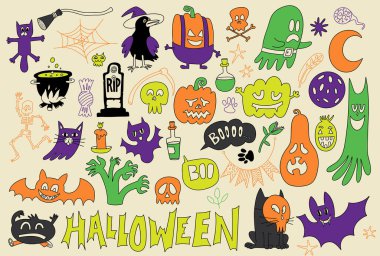 Şirin Cadılar Bayramı vektör koleksiyonu. Ürkütücü etiketleri ve unsurları var. Hayalet, balkabağı, yarasa, kafatası, örümcek, cadı, iskelet, kedi, ay, mum, kitap, ev ve daha fazlası. Parmak izi ve dekorasyon için mükemmel..