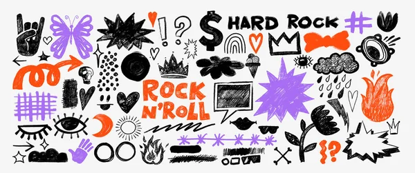 Punk ve kız titreşimli büyük bir kömür duvar yazısı seti. El çizimi soyut karalamalar, karalamalar, yıldızlar, taçlar ve kıvrımlı çizgiler. Kayadaki yaratıcı taslak şekiller sanatsal vektör tarzından esinlenmiştir.