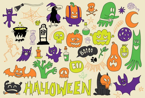 Şirin Cadılar Bayramı vektör koleksiyonu. Ürkütücü etiketleri ve unsurları var. Hayalet, balkabağı, yarasa, kafatası, örümcek, cadı, iskelet, kedi, ay, mum, kitap, ev ve daha fazlası. Parmak izi ve dekorasyon için mükemmel..