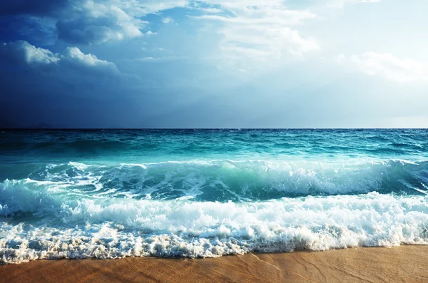 Tropisk strand i solnedgång — Stockfoto