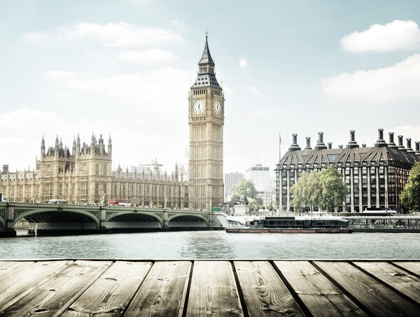 Big Ben and wooden surface, London, UK