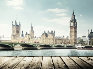 Big Ben and wooden surface, London, UK clipart