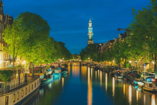 Westerkerk Templom Torony Csatorna Amszterdam Hollandia — Stock Fotó