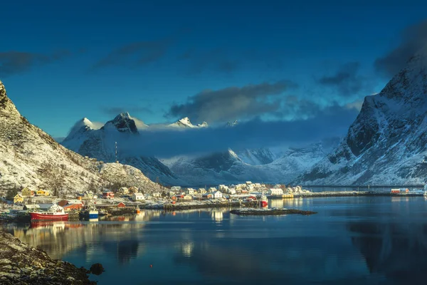 Sníh Reine Village Lofotenské Ostrovy Norsko — Stock fotografie