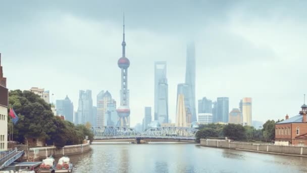 Hyper Lapse Van Zonsondergang Shanghai Skyline Waibaidu Brug China — Stockvideo