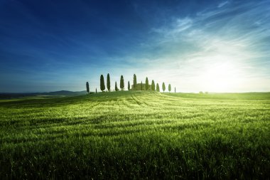 Tuscan görünümlerinde klasik: Bahar günbatımı zamanı, Pienza, İtalya
