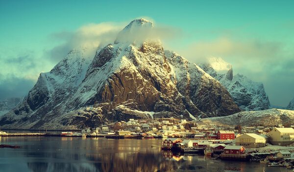 snow in Reine Village, Lofoten Islands, Norway