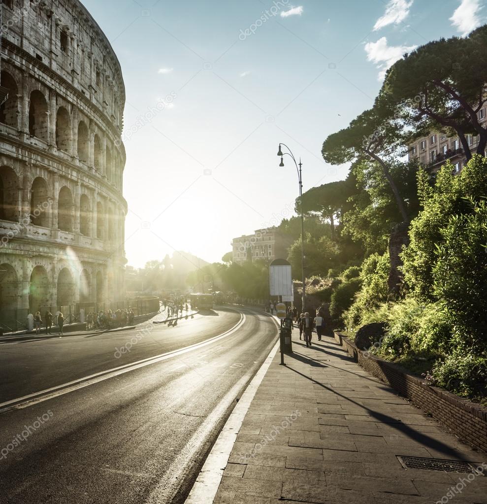 road to Colosseum in sunset time, Rome, Italy