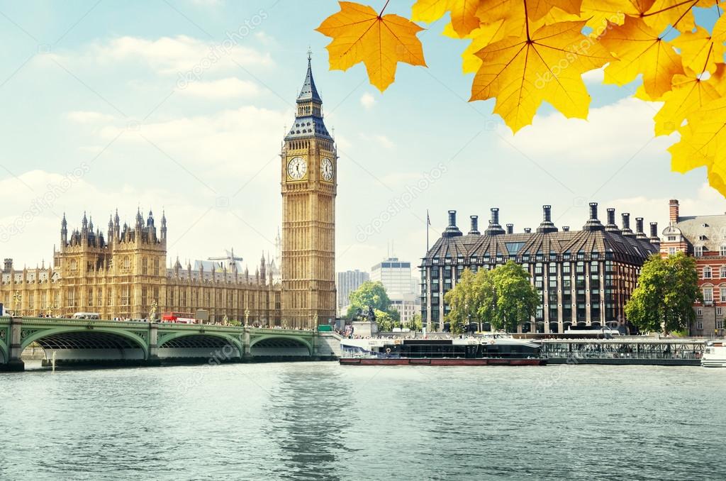 autumn leaves and Big Ben, London