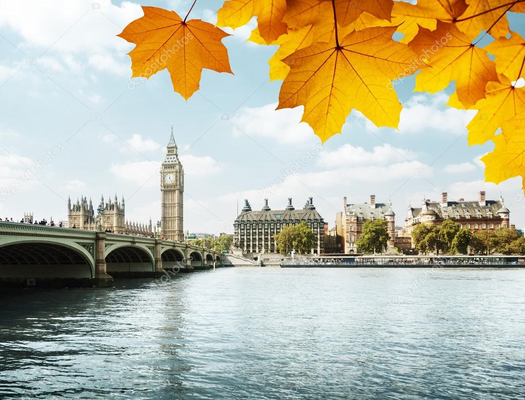 autumn leaves and Big Ben, London