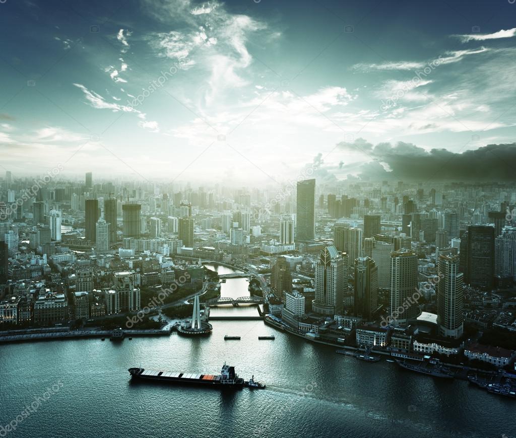 skyline of Shanghai at sunset, China