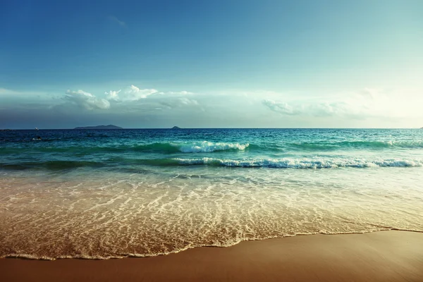 Playa de seychelles en la hora de la puesta del sol —  Fotos de Stock