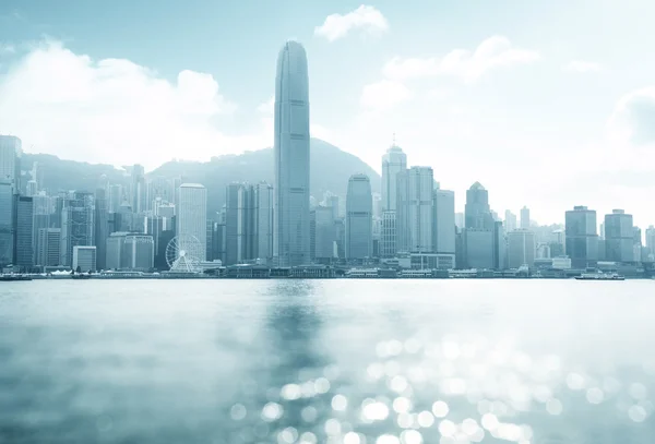 Hong Kong hamn på solig dag, tilt shift bokeh — Stockfoto