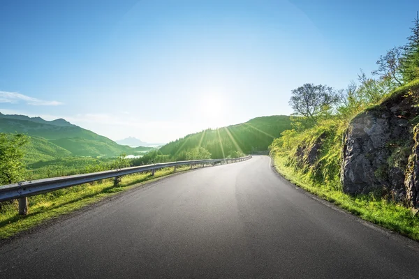 Sommarväg i fjällmiljö, Lofoten öar, Norge — Stockfoto