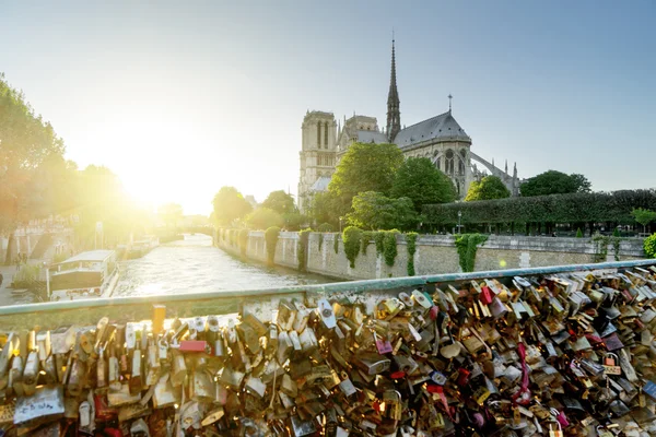 Vista de la catedral de Notre Dame en París con famosas esclusas de amor — Foto de Stock