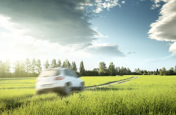 Campo de mola e carro azul na estrada de terra — Fotografia de Stock