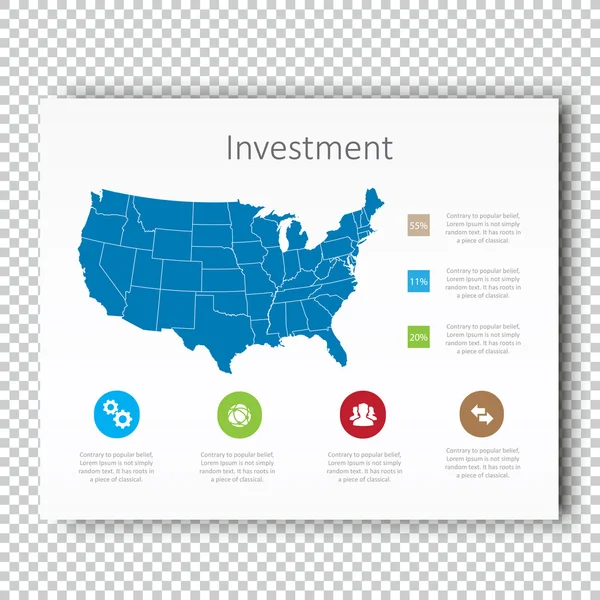 Infografía Inversión EE.UU. Plantilla de presentación de mapa, Diseño de diseño de negocios, Estilo moderno, Ilustración de diseño vectorial — Vector de stock