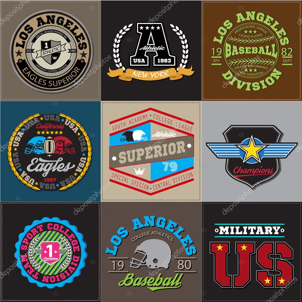 Sport athletic champions college baseball football logo emblem collection. Vector Graphics and typography t-shirt design for apparel. Colored version. Big set for you.