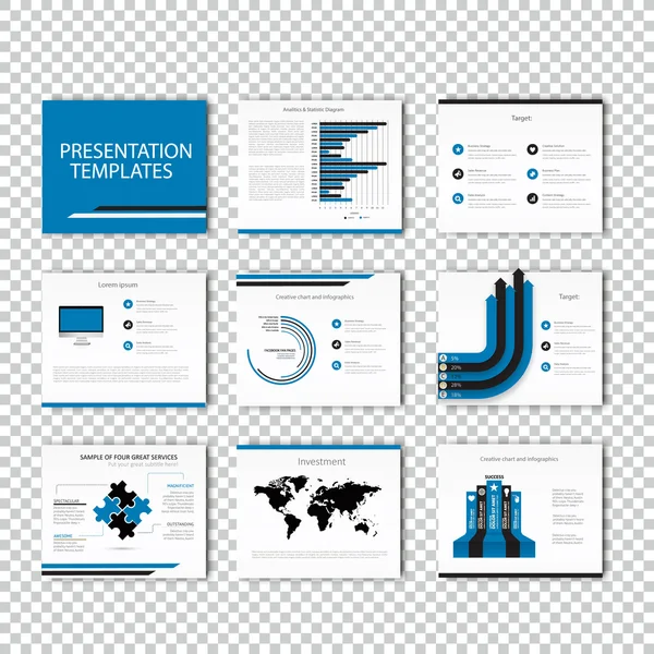 プレゼンテーション用多目的テンプレート スライド グラフとグラフの作成 - 青と黒バージョン. — ストックベクタ