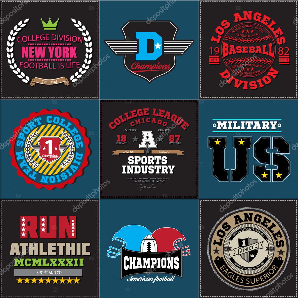 Sport athletic champions college baseball football logo emblem collection. Vector Graphics and typography t-shirt design for apparel. Colored version. Big set for you.