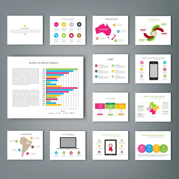 Multifunctionele sjabloon voor presentatie dia's met grafieken en diagrammen - lichte kleurenversie. Stockvector