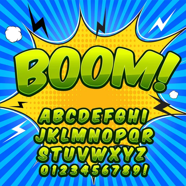 Komik alfabe seti. Yeşil renk sürümü. Harfler, sayılar ve rakamlar çocuklar illüstrasyonlar, Web siteleri, çizgi roman, afiş için