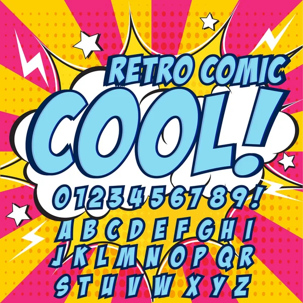 Kreative, detailreiche Comic-Schrift. Blaue Farbe Helden Stil der Comics, Pop-Art. Buchstaben und Zahlen zur Dekoration — Stockvektor
