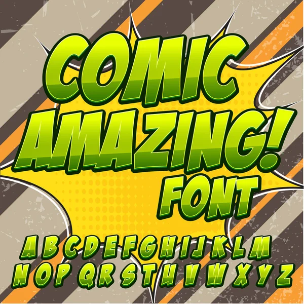 コミック文字セット。緑の色バージョンです。文字、数字および子供イラスト、ウェブサイト、漫画、バナーの数字 — ストックベクタ