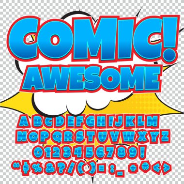 Comic alphabet set. Light blue color version. Letters, numbers and figures for kids illustrations, websites clipart