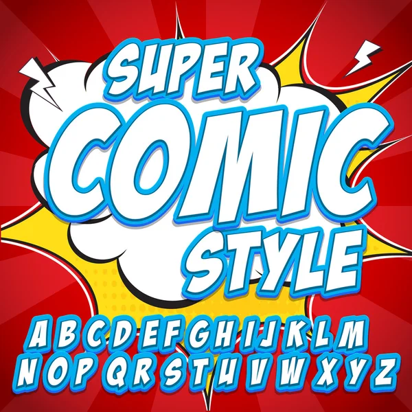 Kreative, detailreiche Comic-Schrift. Alphabet im Stil von Comics, Pop-Art. Buchstaben und Figuren zur Dekoration von Kindern — Stockvektor