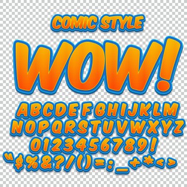 Komik alfabe seti. Harfler, sayılar ve rakamlar çocuklar illüstrasyonlar, Web siteleri, çizgi roman için