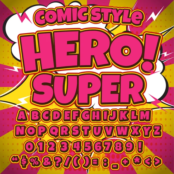 Alfabe koleksiyonu kümesi. Komik pop sanat tarzı. Harfler, sayılar ve rakamlar çocuklar resimler, kitaplar için