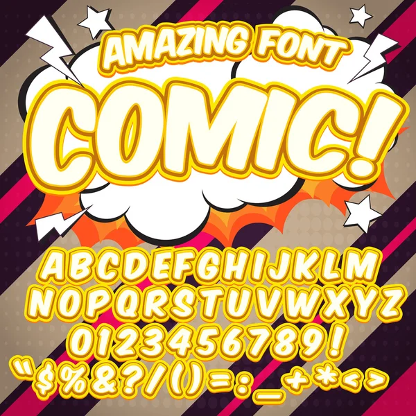 字母表集合设置。漫画的波普艺术风格。字母、 数字和数字为孩子插图、 漫画书 — 图库矢量图片