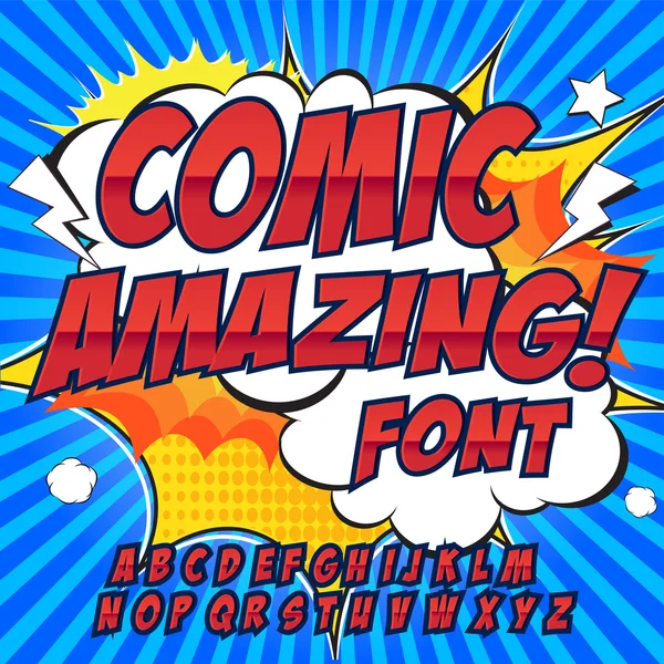 Komik alfabe seti. Kırmızı renk sürümü. Harfler, sayılar ve rakamlar çocuklar illüstrasyonlar, Web siteleri, çizgi roman, afiş için