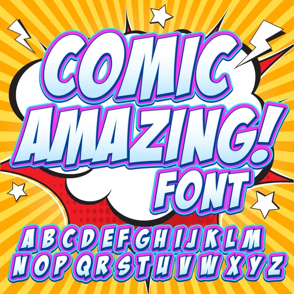 Fuente de cómic creativa de alto detalle. Alfabeto en el estilo de los cómics, el arte pop. Letras y figuras para la decoración de niños — Vector de stock