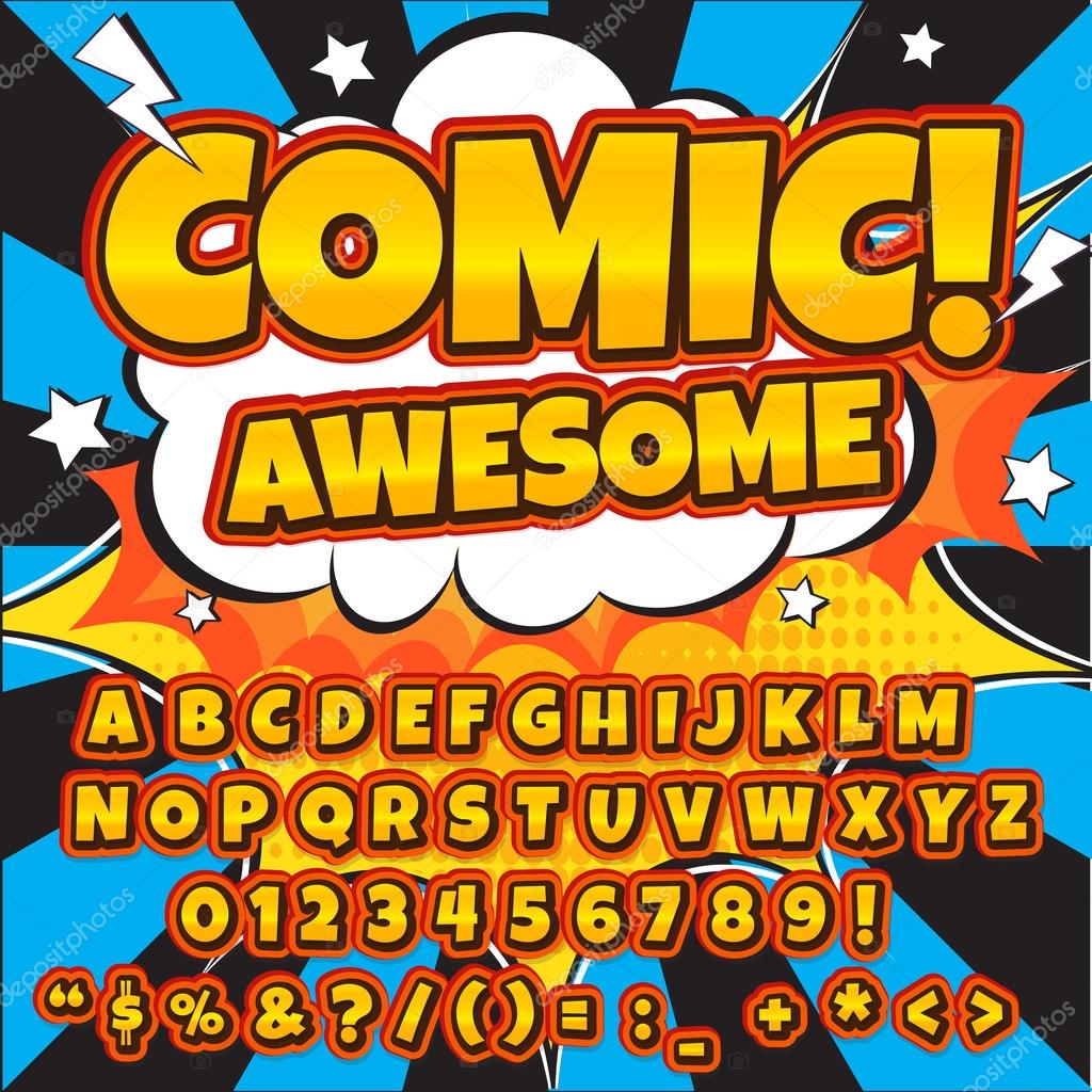 Insieme di alfabeto Stile fumetto pop art Lettere numeri e figure per le illustrazioni di bambini libri — Vettoriali di kednert