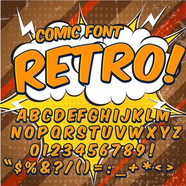 Fuente de cómic creativa de alto detalle. Alfabeto en el estilo retro de los cómics, el arte pop. Cartas y figuras para la decoración — Vector de stock