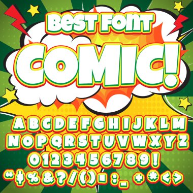 Yaratıcı yüksek detay komik yazı tipi. Alfabe tarzında bir çizgi roman, pop art.