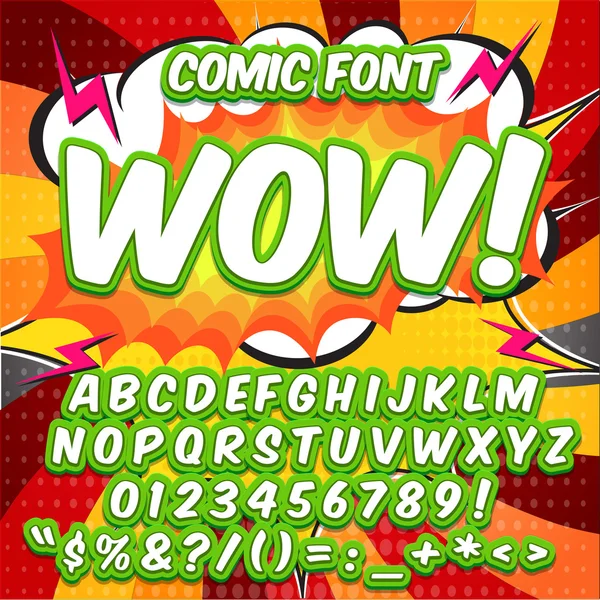 Koleksi alfabet siap. Gaya seni pop komik. Versi warna hijau dan putih muda - Stok Vektor