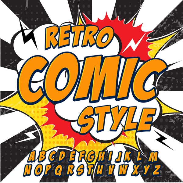 Comic retro naranja alfabeto conjunto. Cartas, números y cifras para ilustraciones infantiles — Archivo Imágenes Vectoriales