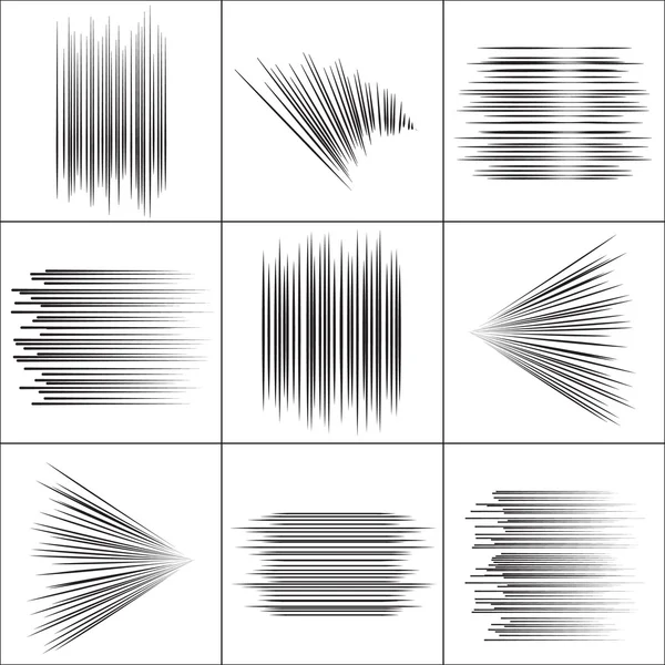 Lignes de vitesse Particules volantes Timbre de combat Manga graphique. Rayons solaires ou rafale d'étoiles Éléments vectoriels noirs — Image vectorielle