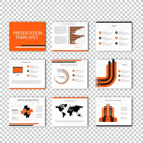 プレゼンテーション用多目的テンプレート スライド グラフとグラフの作成 - オレンジと黒のバージョン. — ストックベクタ