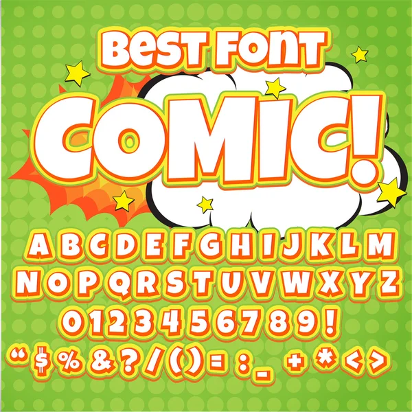 Conjunto alfabeto laranja cómico. Letras, números e figuras para crianças ilustrações, sites, quadrinhos —  Vetores de Stock