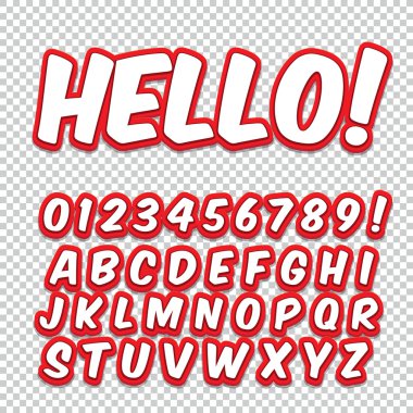 Komik alfabe seti. Harfler, sayılar ve rakamlar çocuklar resimler için.