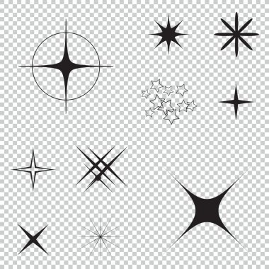 Parıltı vektörü büyük koleksiyonu. Beyaz sembolleri parlatır. Işıldayan yıldız. Semboller pırıl pırıl yıldızlar.