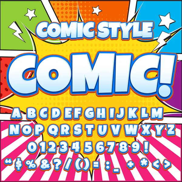 Alfabe koleksiyonu kümesi. Komik pop sanat tarzı. Açık renk sürümü. Harfler, sayılar ve rakamlar çocuklar için